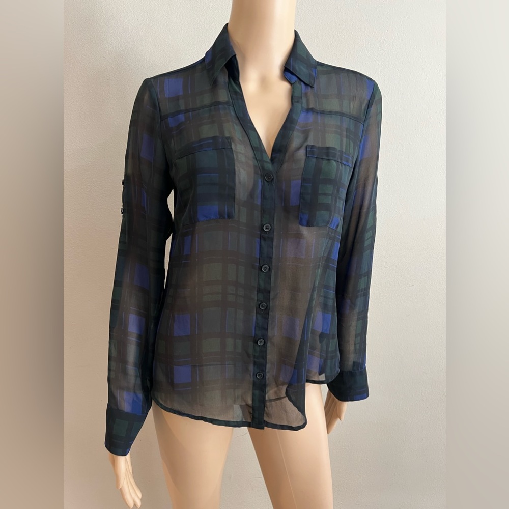 Express Portofino long sleeve button down shirt plaid blue green sheer Sz XS